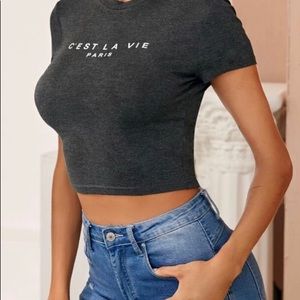 Shein “C’est La Vie” Paris Crop Top Stretch Shirt.